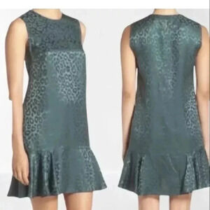 BCBG Max Azria Green Leopard Print Silk Blend Shift Dress Sleeveless Ruffle Hem
